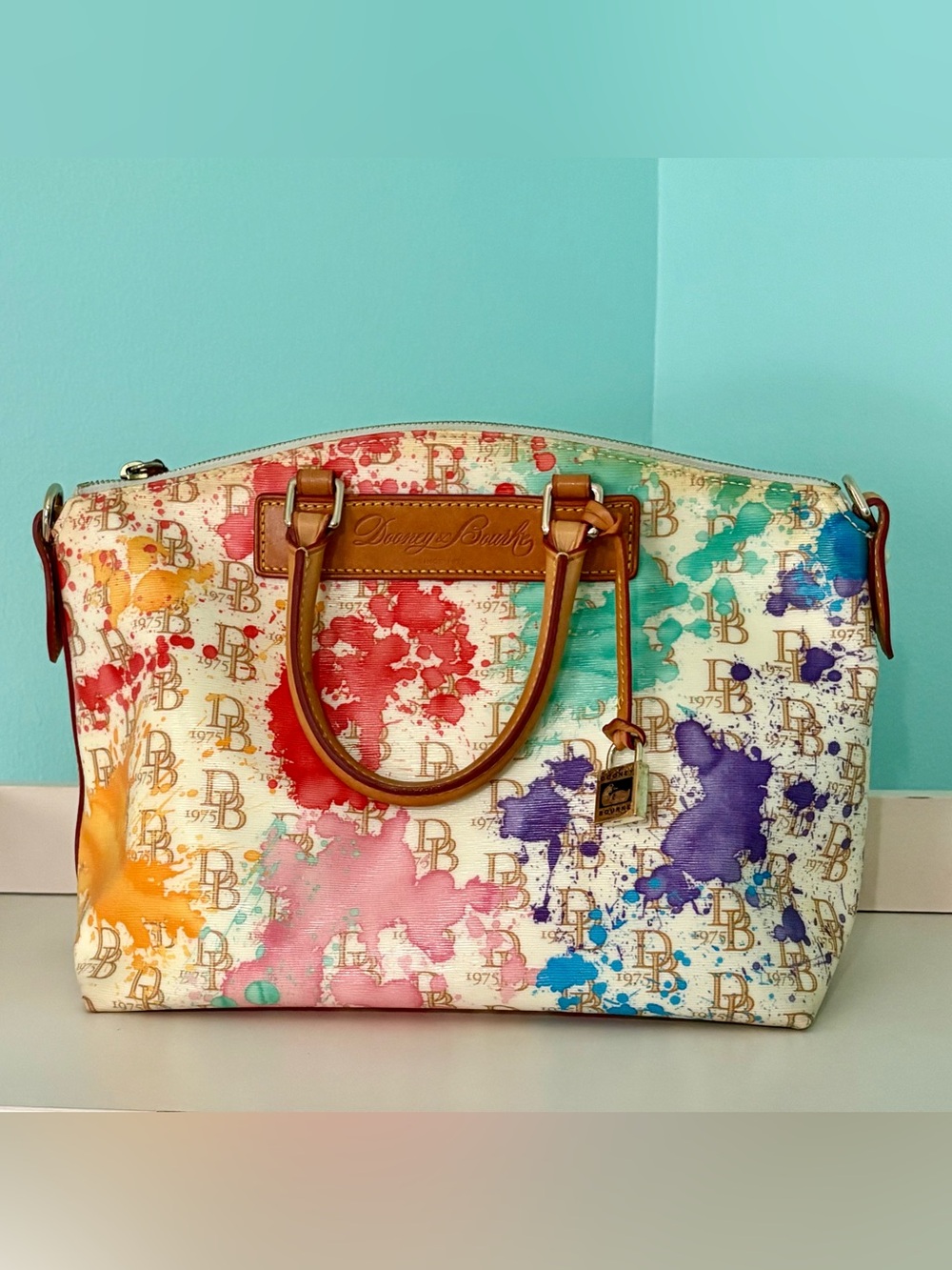 Vintage Dooney & Bourke Multicolor Paint-Splash Satchel - Brown Trim